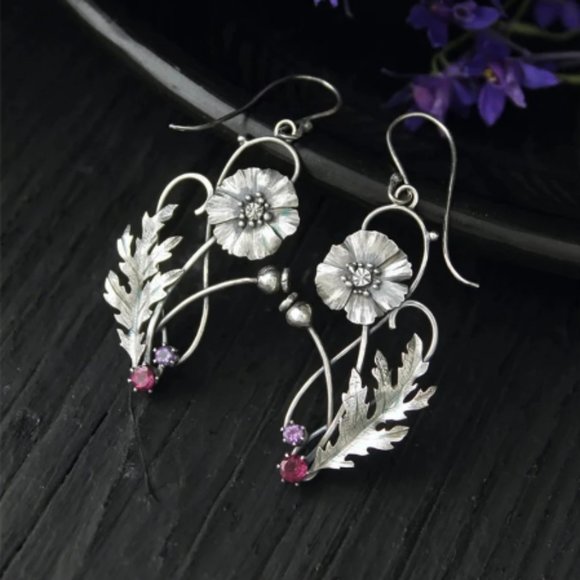 ๐50% OFF/3+...Antique Style Poppy Flower Dangle Earrings - Picture 1 of 10